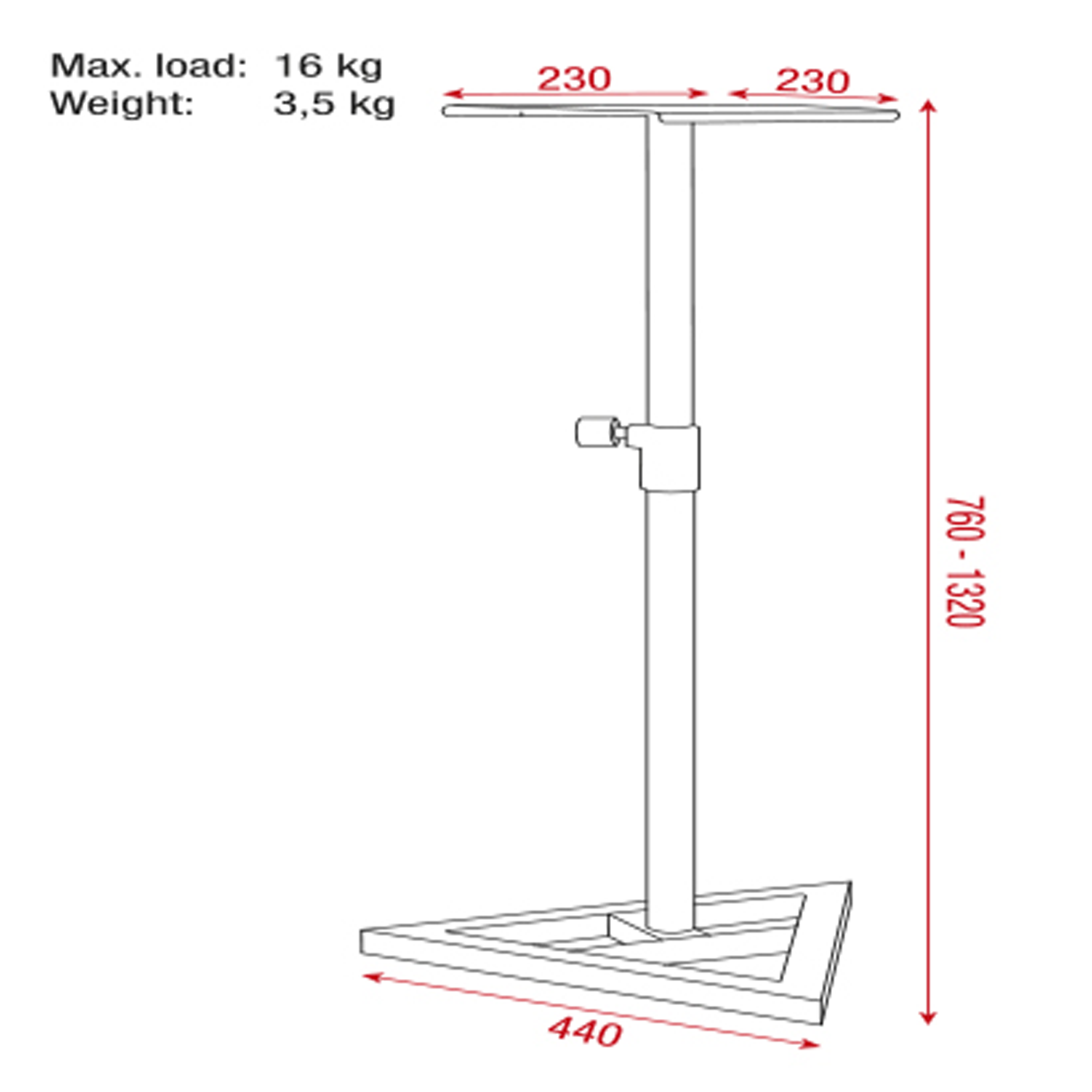 SHOWGEAR Monitor Speaker Stand Acciaio - 760-1320 mm - carico massimo 16 kg