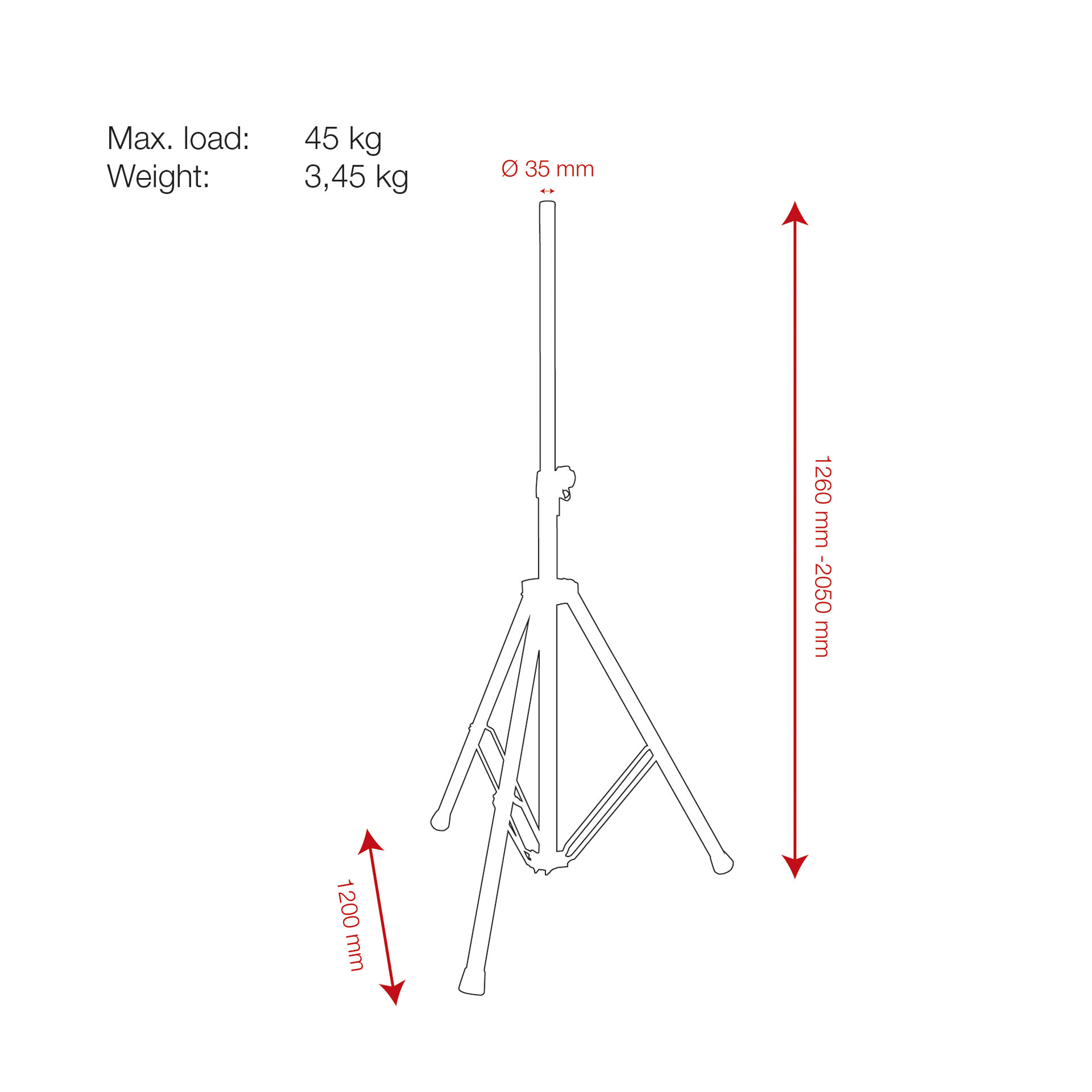 SHOWGEAR Mammoth Speaker Stand Alluminio - <45 kg - 1260-2050 mm - 35 mm