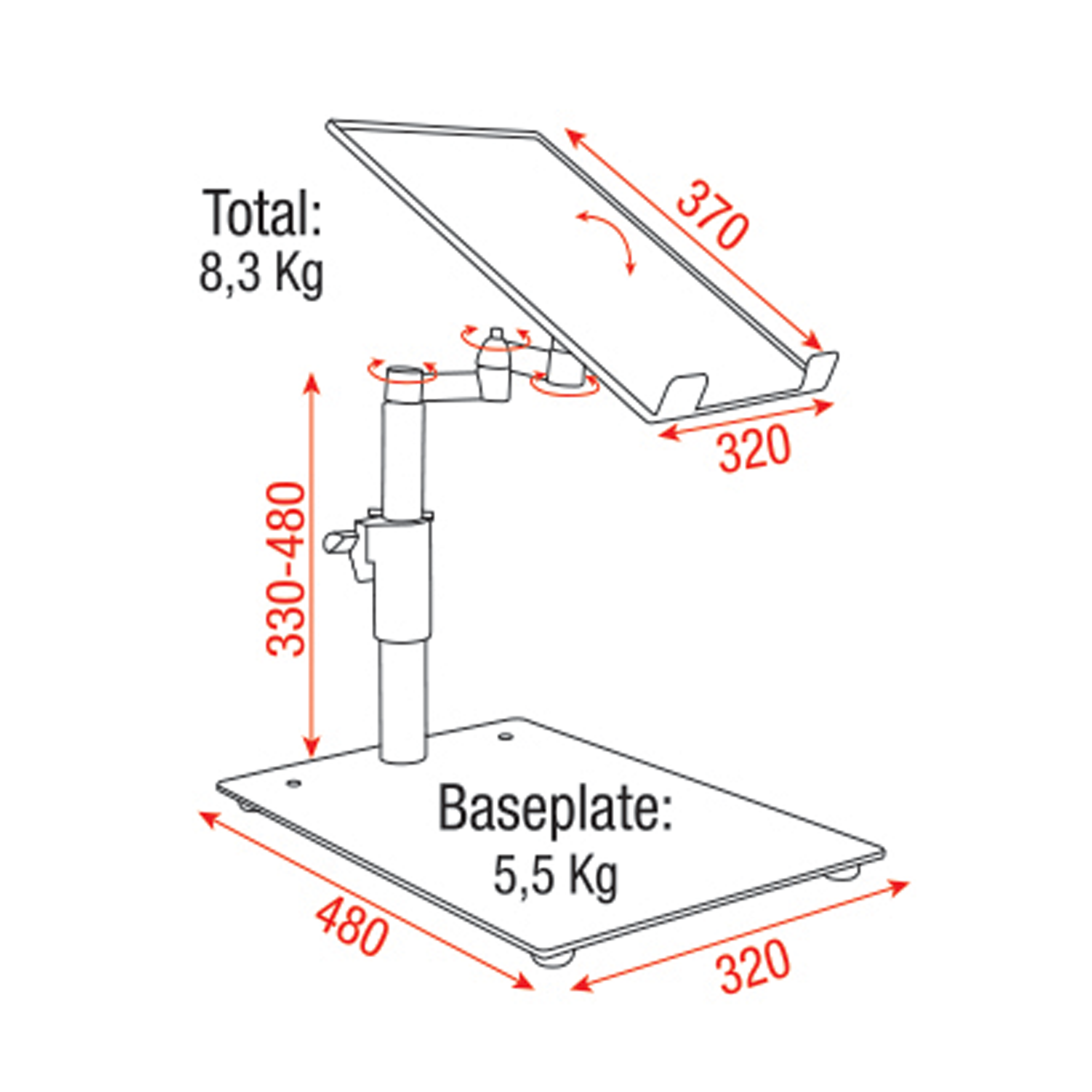 SHOWGEAR DJ Player Stand Acciaio - 330-480 mm
